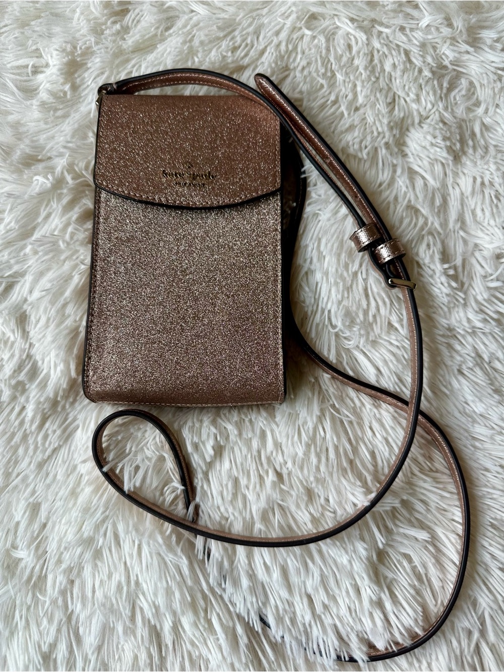 Kate Spade Tinsel North South Rose Gold Glitter Metallic Phone Crossbody Bag